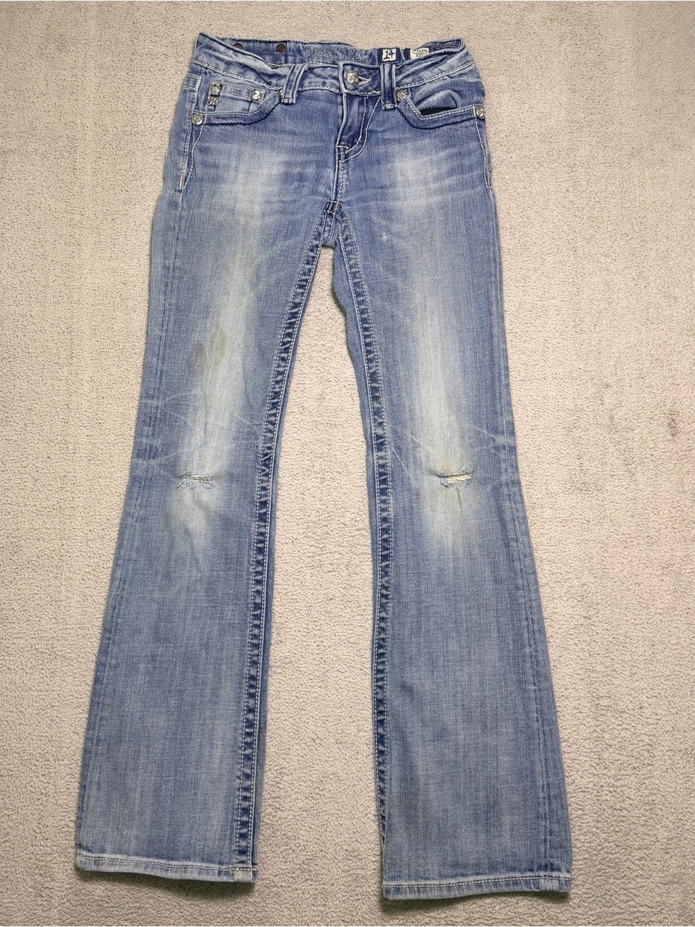 Miss Me Girls Girls Bootcut Jeans Size 14 Light Wash Embellished Bling *Stain*